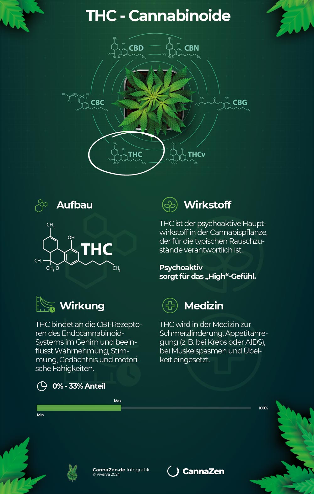 THC Cannabinoid Infografik: Aufbau, Wirkstoff psychoaktiv, Wirkung und medizinische Anwendungen