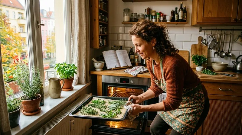 Frau legt Cannabis auf Backblech fuer Decarboxylierung im Ofen