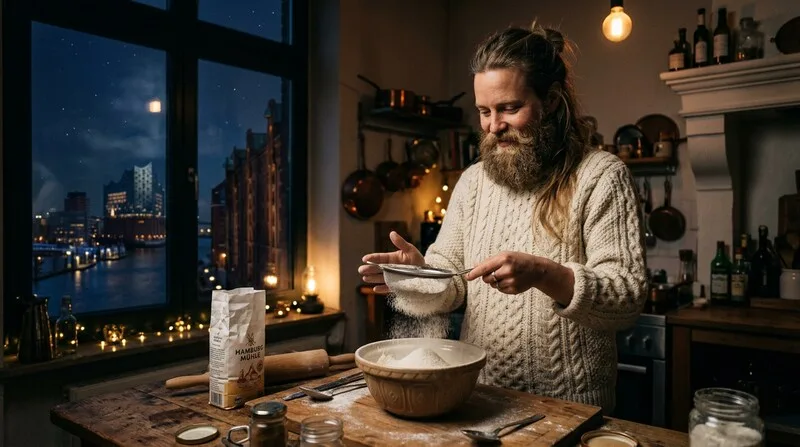 Frau siebt Mehl durch feines Sieb in Schuessel