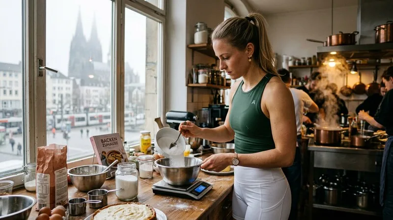 Frau wiegt Zutaten praezise auf Kuechenwaage