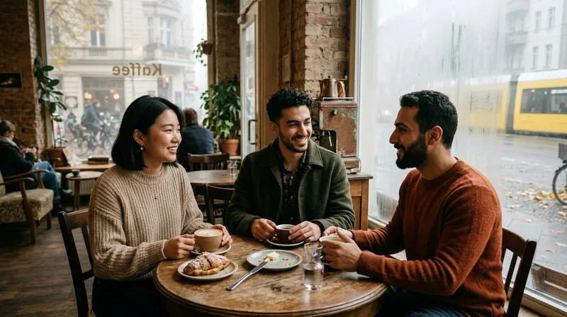Freunde sitzen entspannt am Tisch und essen gemeinsam in Berlin
