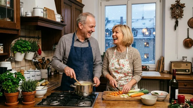 Paar kocht zusammen und lacht in Muenchner Kueche