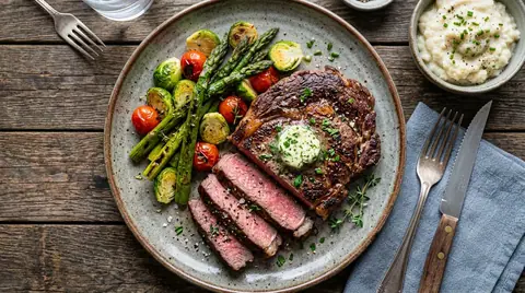 Cannabis-Steak mit Low-Carb-Beilagen